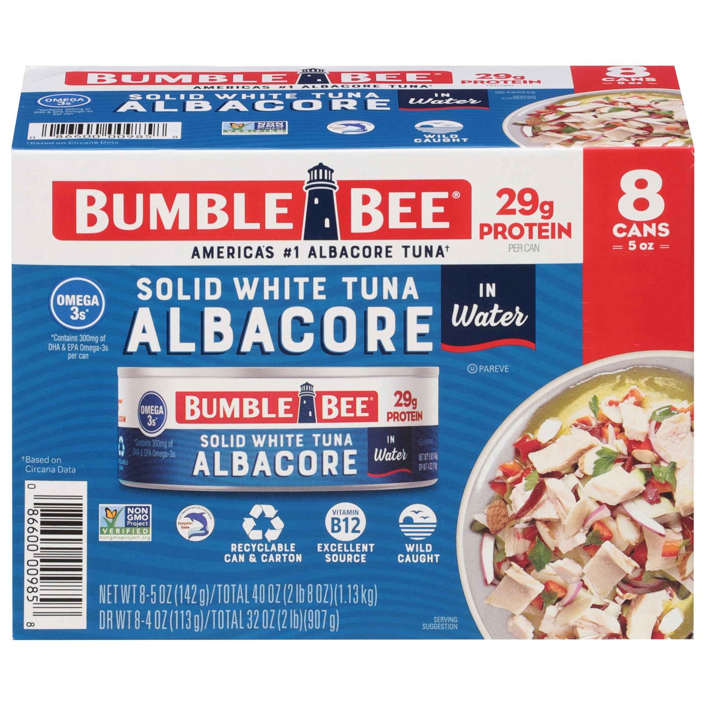 Bumble Bee Solid White Albacore Tuna, Can - Wild Caught Tuna - 29g Protein per Serving, High in Omega-3s - Non-GMO Project Verified, Gluten Free, Kosher