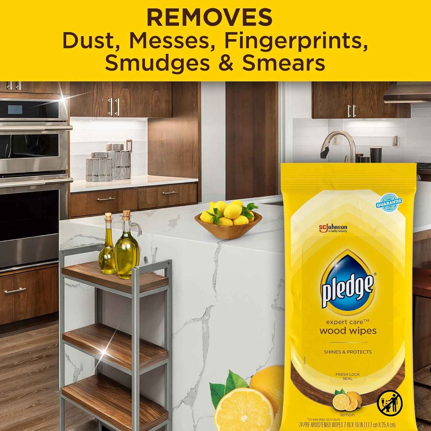 Pledge Expert Care Enhancing Wood Wipes, Lemon Scent, 24 Count