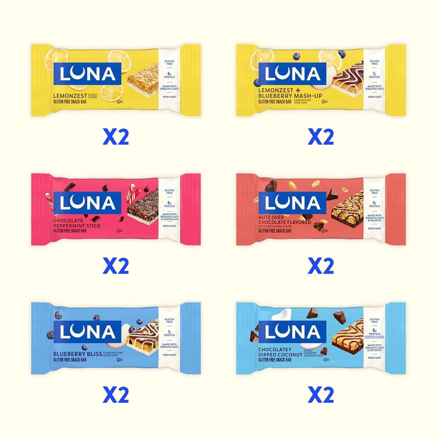 LUNA Bar - Variety Pack - 6 Flavors - Gluten Free Snack Bars - Non-GMO - Protein Bars - Made with Organic Oats (12 Pack)