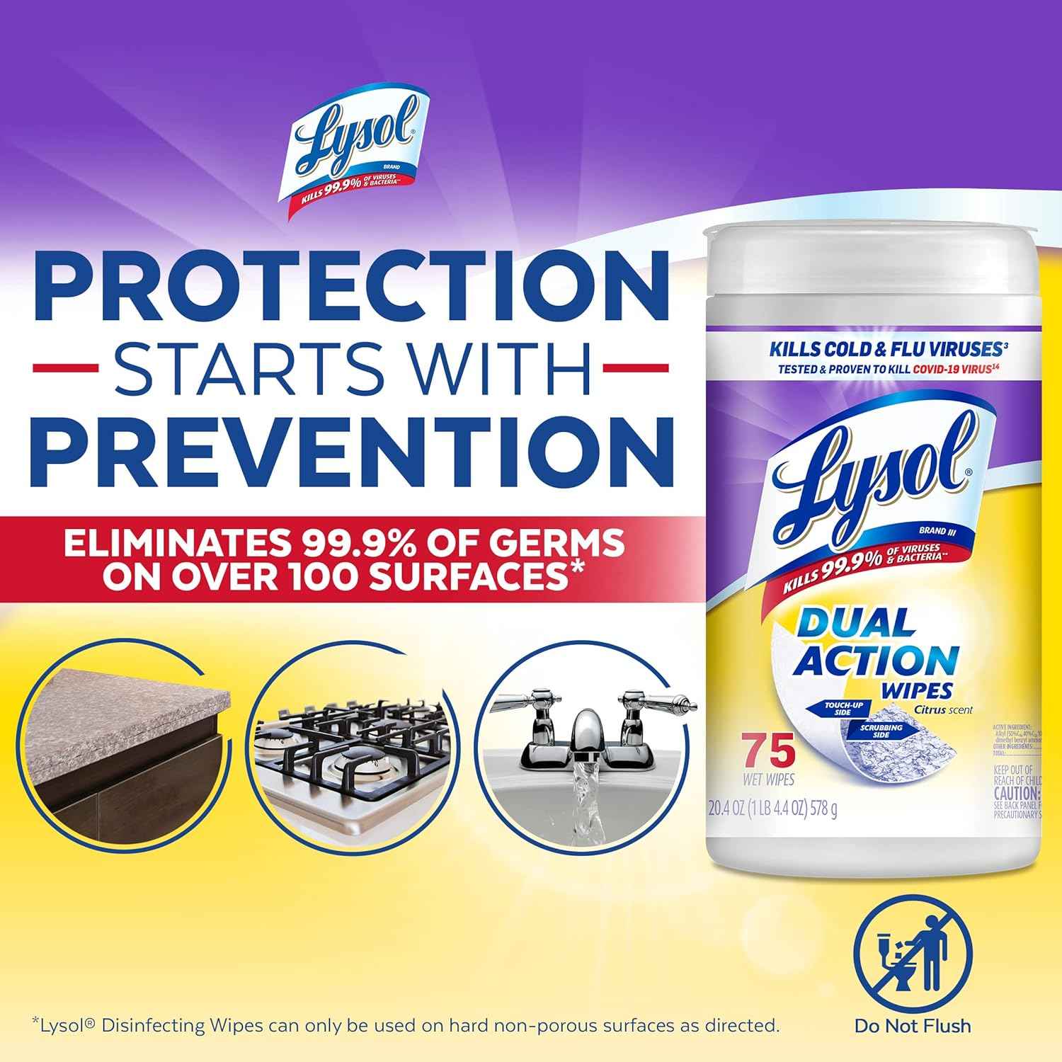 Lysol Dual Action Disinfectant Wipes, Multi-Surface Antibacterial Scrubbing Wipes, For Disinfecting and Cleaning, Citrus Scent