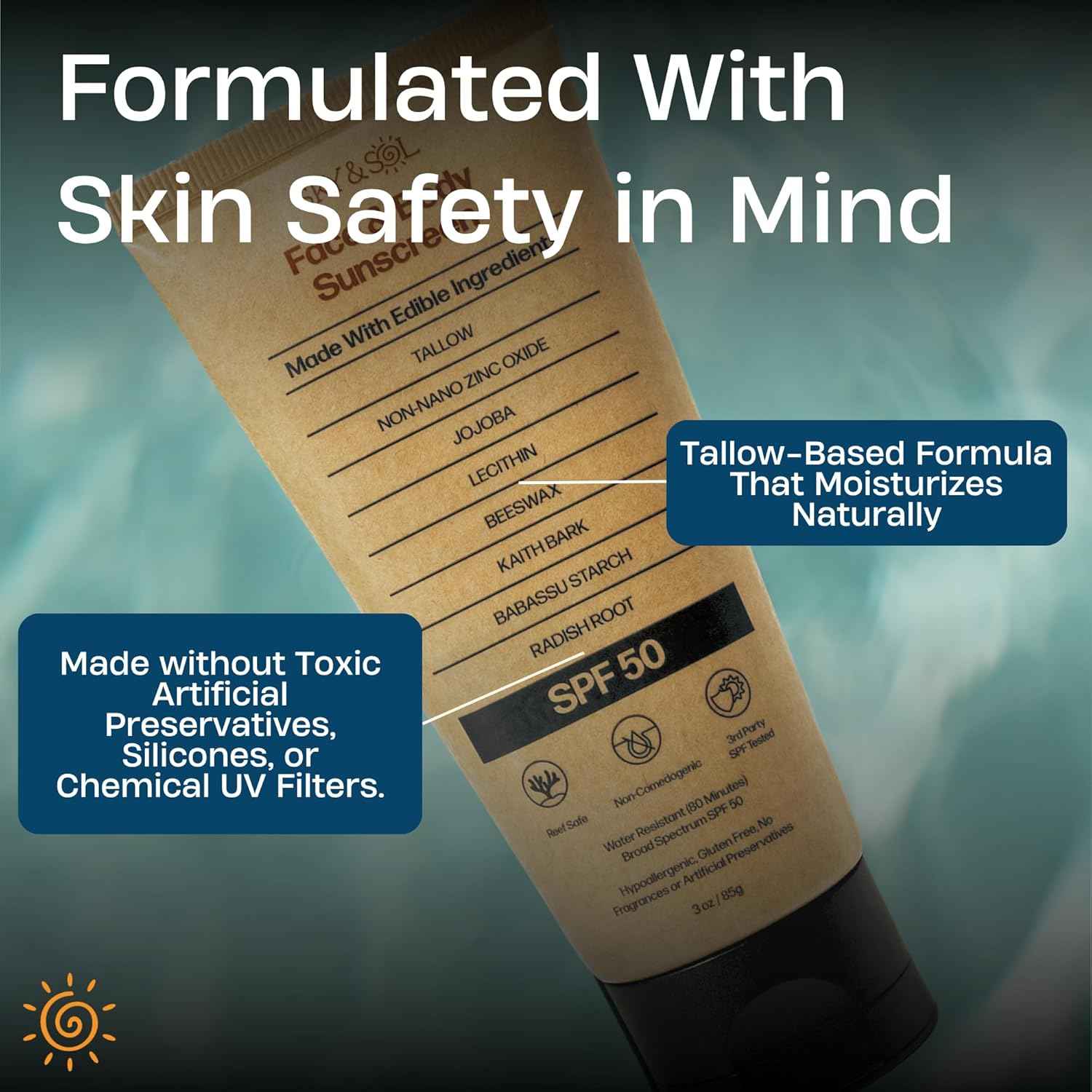 Sky and Sol Mineral Sunscreen SPF 50 | With Grass-Fed Tallow & Zinc Oxide | Non-Greasy Formula for Face & Body | Made Without Reef-Harming UV Filters | 3 oz (85 g)