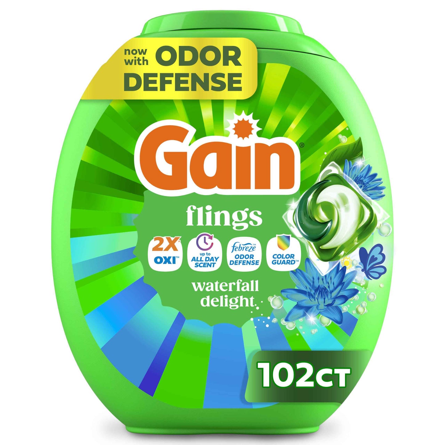 Gain Flings Liquid Washing Detergent Pacs, Now with Odor Defense + Color Guard, Waterfall Delight Scent, 4-In-1 Liquid Laundry Detergent Pods, Clean & Fresh