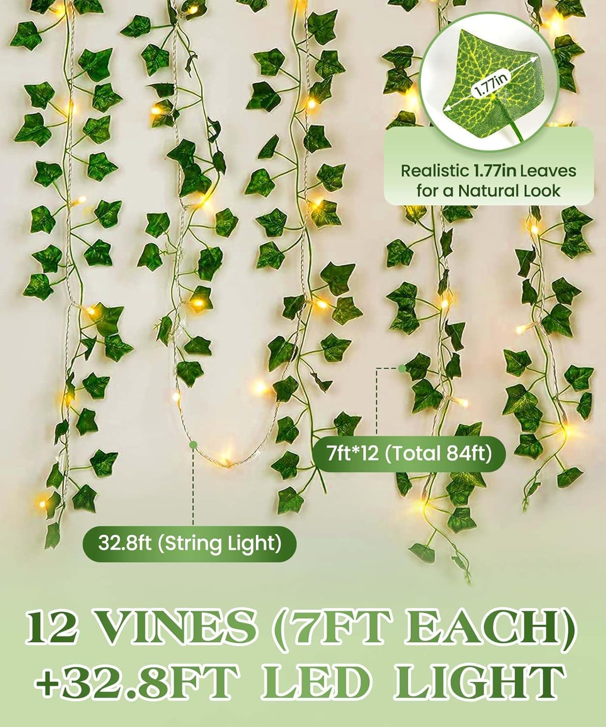 KASZOO_84Ft_12_Pack_Artificial_Ivy_Garland_Fake_Plants,_Vine_Hanging_Garland_with_CE_Certified_80_LED_String_Light,_Hanging_for_Home_Bedroom_Garden_Party_Wedding_Wall_Room_Decor,_Green