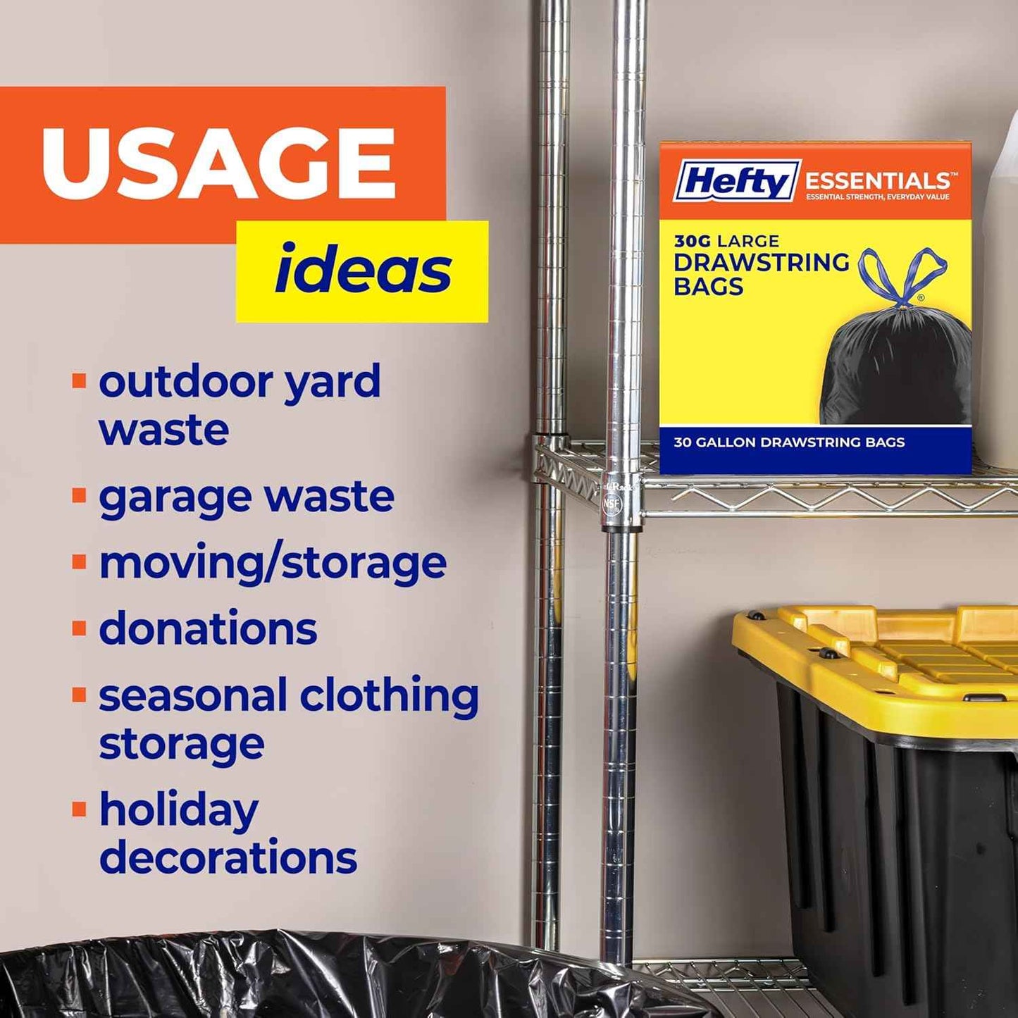 Hefty Essentials Drawstring 30 Gallon Trash Bags, Parties, Large Trash Items, and More, Scent Free