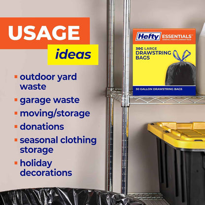 Hefty Essentials Drawstring 30 Gallon Trash Bags, Parties, Large Trash Items, and More, Scent Free