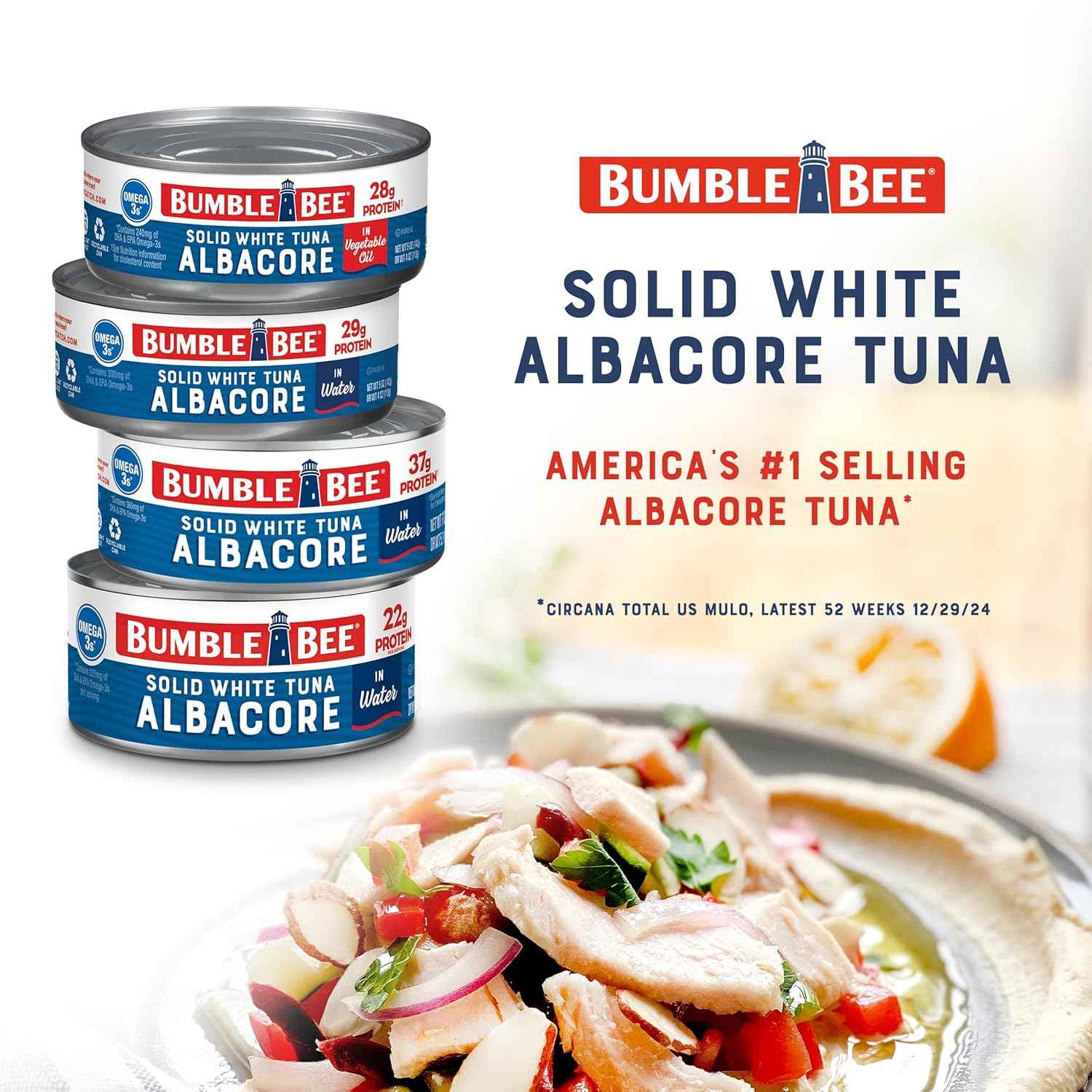 Bumble Bee Solid White Albacore Tuna, Can - Wild Caught Tuna - 29g Protein per Serving, High in Omega-3s - Non-GMO Project Verified, Gluten Free, Kosher