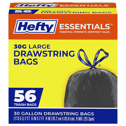 Hefty Essentials Drawstring 30 Gallon Trash Bags, Parties, Large Trash Items, and More, Scent Free