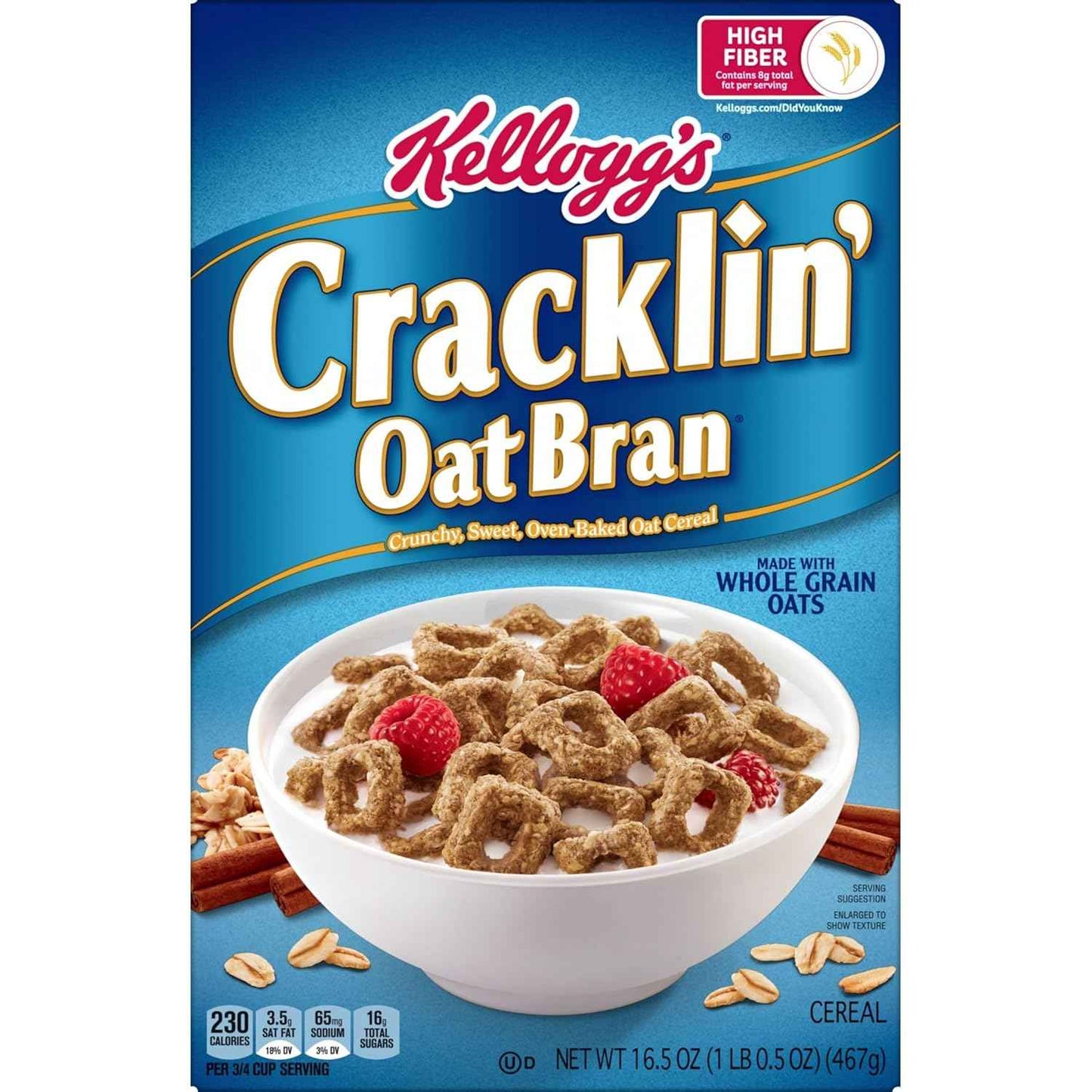 Kellogg's Cracklin' Oat Bran Breakfast Cereal, Fiber Cereal, Family Cereal, Original