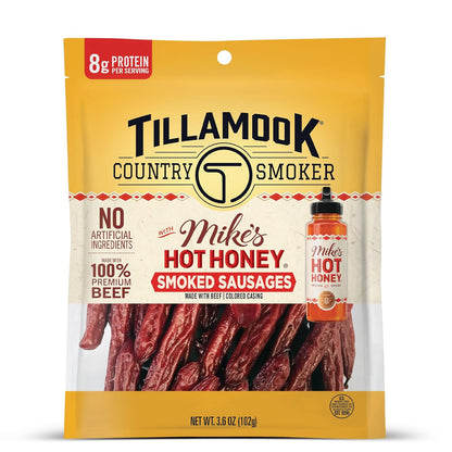 Tillamook_Country_Smoker_Beef_Smoked_Sausages,_Mike's_Hot_Honey,_3.6_Ounce,_Real_Hardwood_Smoked_Sausages,_Low_Carb,_High_Protein,_Ready_to_Eat_Sweet_&_Spicy_Snack