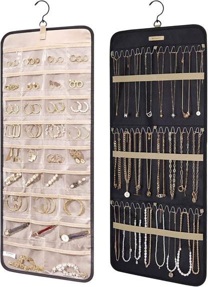 BAGSMART_Hanging_Jewelry_Organizer_Storage_Roll_with_Hanger_Metal_Hooks_Double-Sided_Jewelry_Holder_for_Earrings,_Necklaces,_Rings_on_Closet,_Wall,_Door,_1_piece,_Large,_Black