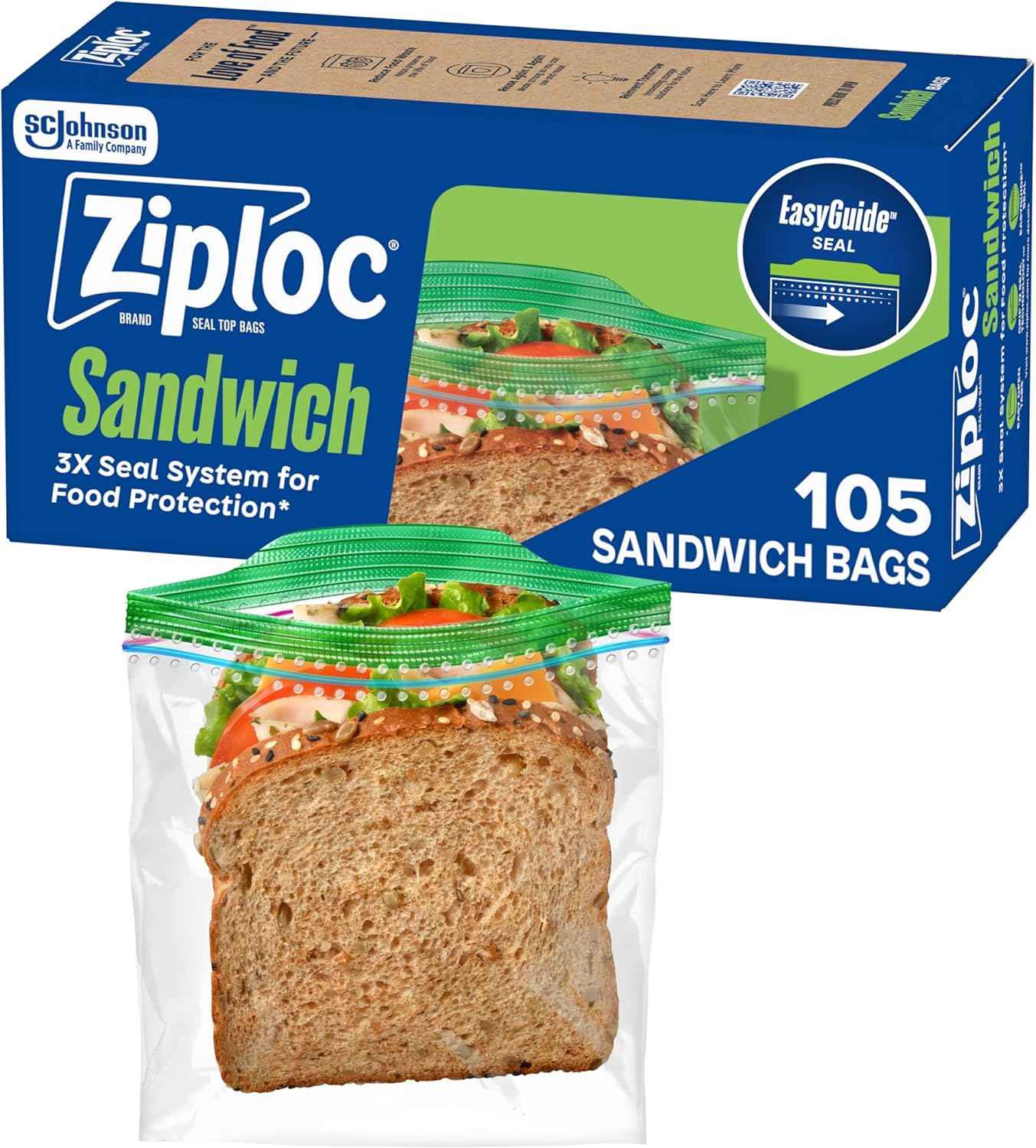 Ziploc Sandwich and Snack Bags with EasyGuide Texture, Plastic Storage Bags with Grip 'n Seal Technology