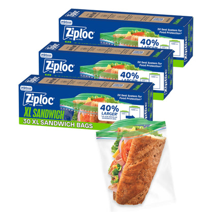 Ziploc XL Sandwich and Snack Bags with EasyGuide Texture, Plastic Storage Bags with Grip &amp;#39;n Seal Technology, 90 Bags Total