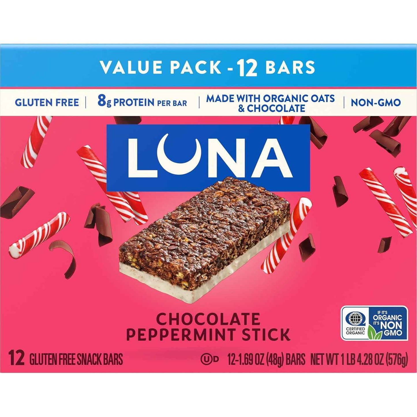 LUNA Bar - Chocolate Peppermint Stick Flavor - Gluten Free Snack Bars - Non-GMO - Protein Bars - Made with Organic Oats - Value Pack (12 Pack)
