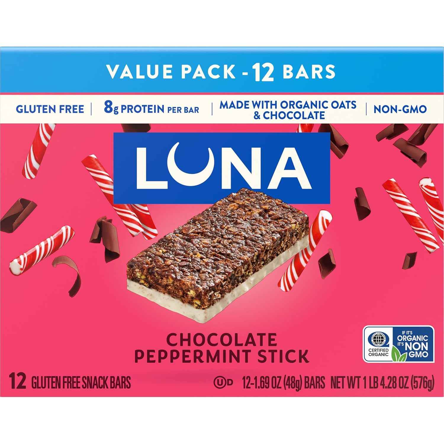 LUNA Bar - Chocolate Peppermint Stick Flavor - Gluten Free Snack Bars - Non-GMO - Protein Bars - Made with Organic Oats - Value Pack (12 Pack)