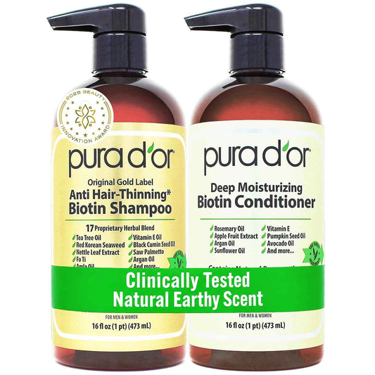 PURA D'OR Anti-Thinning Biotin Shampoo and Conditioner, CLINICALLY TESTED Effective Results, Herbal Blend Thickening Products For Women & Men, Original Gold Label Set, Natural Earthy Scent | Deep Moisturizing
