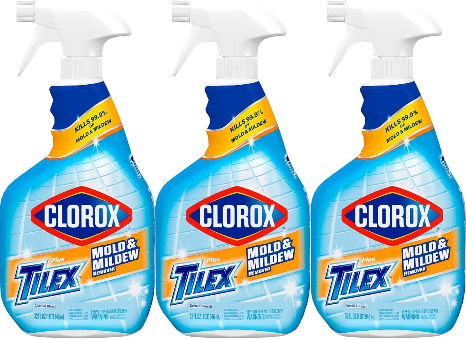 Clorox Plus Tilex Mold and Mildew Remover with Bleach, Spray Bottle, 32 Fluid Ounces, Unscented, Pack of 3