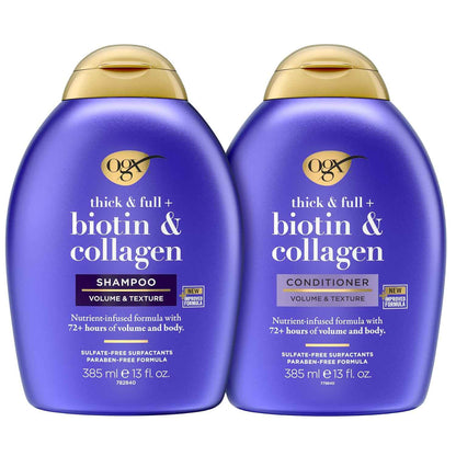 OGX Thick & Full + Biotin and Collagen for Hair Volume & Body, Sulfate Free Volumizing Shampoo & Conditioner Set for Fine & Thinning Hair, Nutrient-Infused, Vitamin B7, 2 Pack