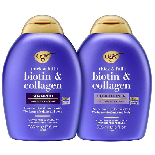 OGX Thick & Full + Biotin and Collagen for Hair Volume & Body, Sulfate Free Volumizing Shampoo & Conditioner Set for Fine & Thinning Hair, Nutrient-Infused, Vitamin B7, 2 Pack