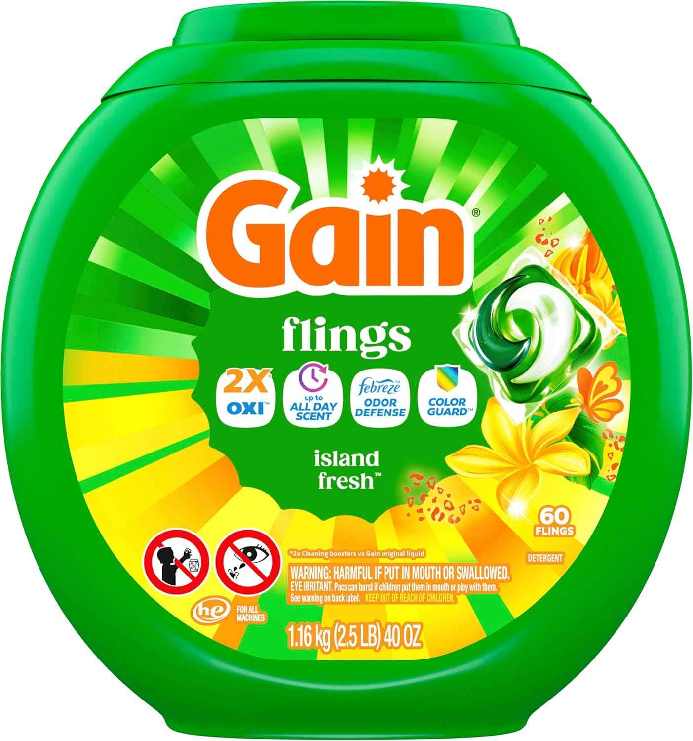 Gain Flings Liquid Washing Detergent Pacs with Odor Defense + Color Guard, 4-In-1 Liquid Laundry Detergent Pods, Clean & Fresh