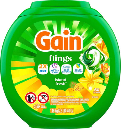 Gain Flings Liquid Washing Detergent Pacs with Odor Defense + Color Guard, 4-In-1 Liquid Laundry Detergent Pods, Clean & Fresh