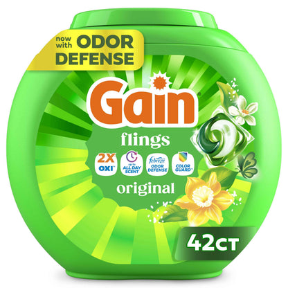 Gain Flings Liquid Washing Detergent Pods, Now with Odor Defense + Color Guard, Original Scent, 4-In-1 Liquid Laundry Detergent Pacs, Clean & Fresh, 112 Count (Packaging May Vary)