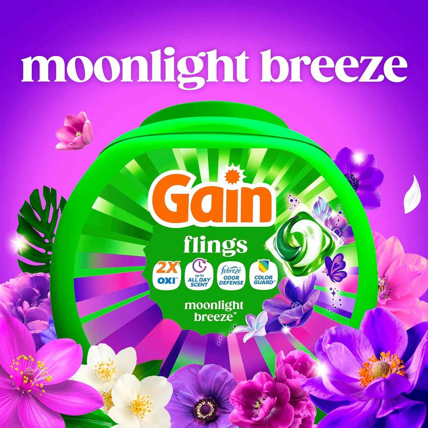 Gain Flings Liquid Washing Detergent Pacs with Odor Defense + Color Guard, Moonlight Breeze Scent, 4-In-1 Liquid Laundry Detergent Pods, Clean & Fresh