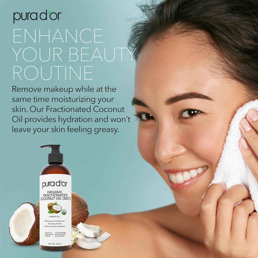 PURA D'OR ORGANIC Fractionated Oil – USDA Certified – MCT Oil – Therapeutic, Hydrating, Lightweight Moisturizer – Hexane Free Carrier Oil For Essential Oils & Massage – Face, Hair & Body