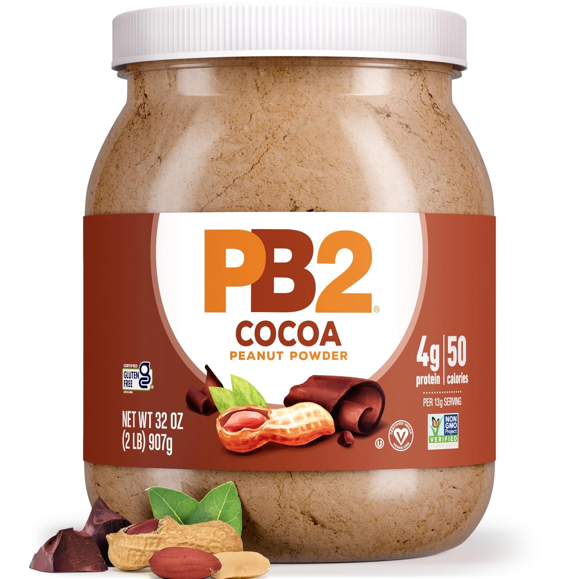 PB2 Powdered Chocolate Peanut Butter with Cocoa | 2lb Jar | 4g of Protein, 90% Less Fat, Certified Gluten Free, Only 50 Calories per Serving for Shakes, Smoothies, Low-Carb, Keto Diets