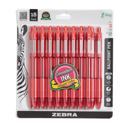 Zebra Pen Z-Grip Retractable Ballpoint Pen, Smooth-Flowing Red Ink, 1.0mm Medium Point, School &amp;amp; Office Supplies, Ideal for Note-Taking, Journal and Planner Use, 18-Pack (22318)