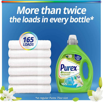 Purex Natural Elements Fresh Lilies & Linen Liquid Detergent, 82.5 oz, 165 Loads, Ultra-Concentrated, Dye-Free, USDA Certified Biobased Product