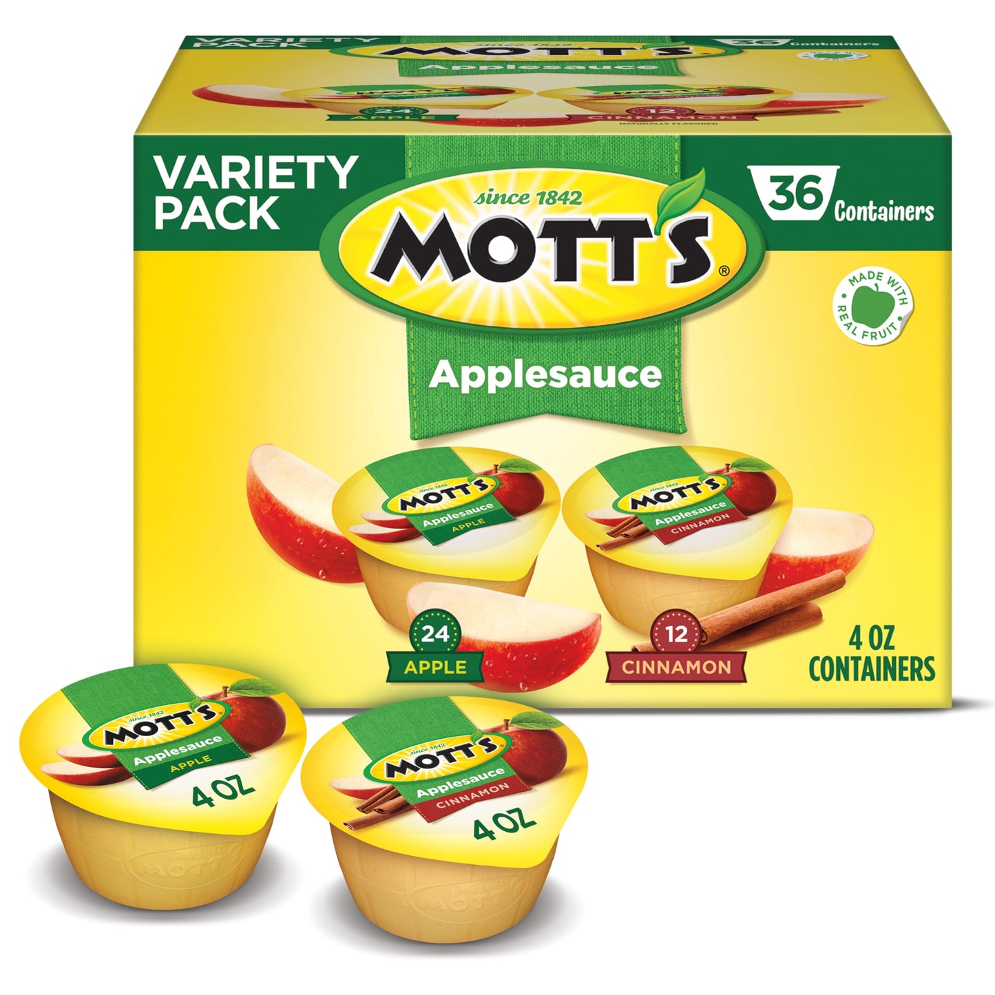 Mott&amp;#39;s Apple &amp;amp; Cinnamon Variety Pack Applesauce, 4 oz cups, 36 count, No Artificial Flavors, Good Source Of Vitamin C, Nutritious Option For The Whole Family