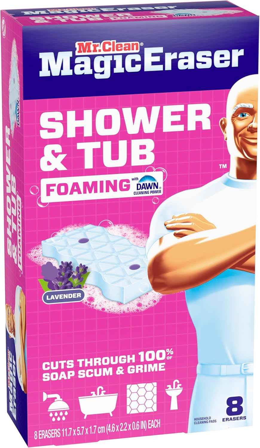 Mr. Clean Magic Eraser Sponge, Bathroom, Shower, Tub Cleaner, Soap Scum Remover, Bathroom Cleaning Supplies, Dawn Cleaning Power with Lavender Scent, Shower & Tub