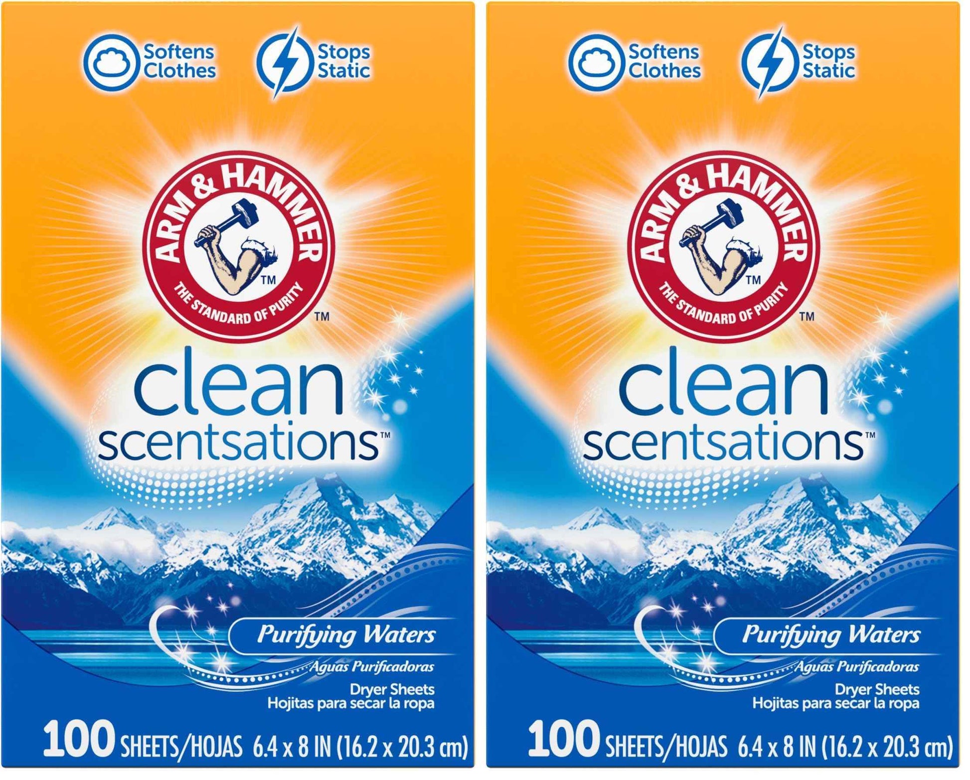 ARM & HAMMER Fabric Softener Sheets, 100 sheets, Purifying Waters
