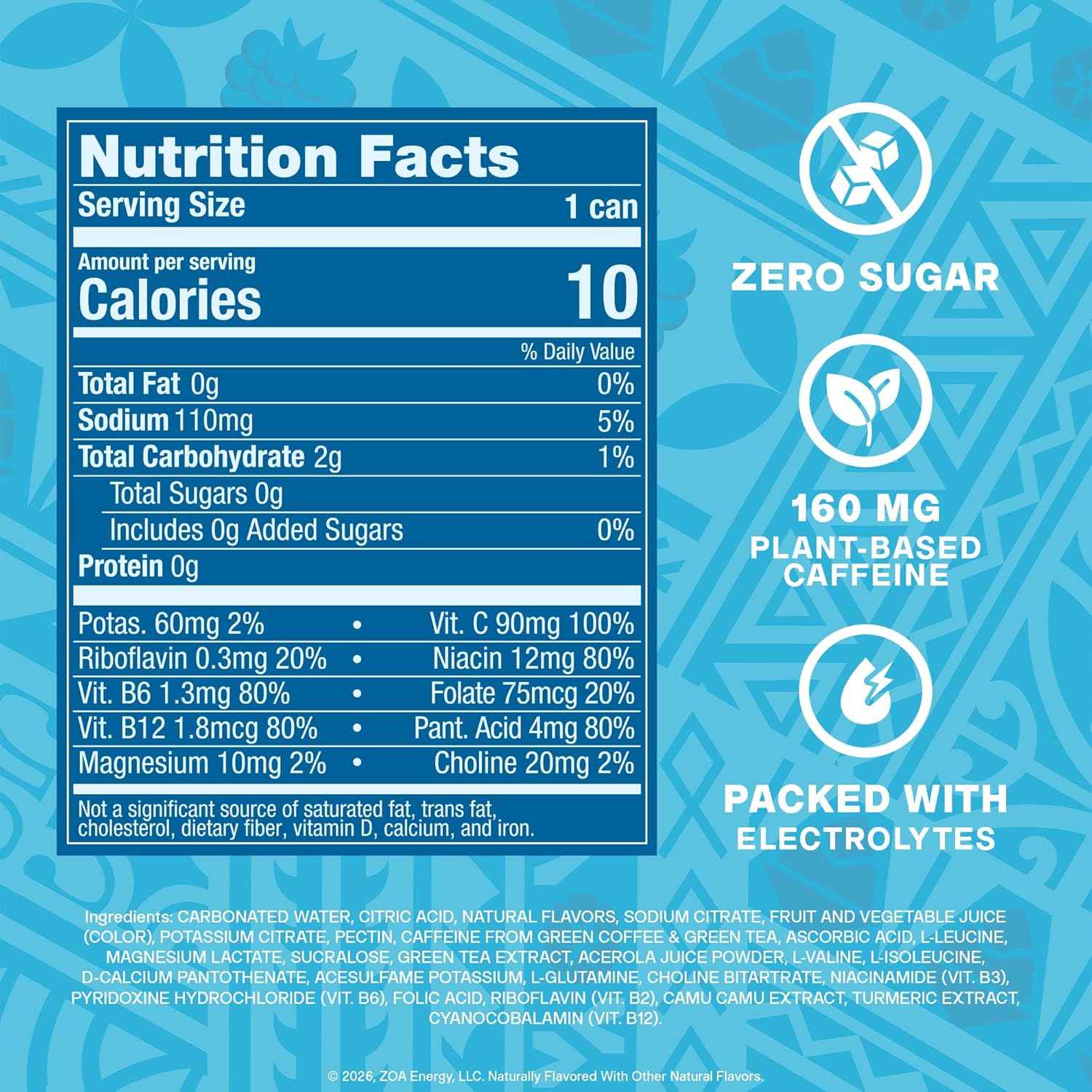 ZOA Sugar Free Energy Drink with Electrolytes, Vitamin C, B Vitamins + Amino Acids, 160 mg Green Tea Caffeine, Zero Sugar, 12 oz Cans, 12 Pack