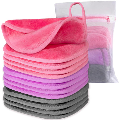 Makeup Remover Cloth, 6&amp;#34; x 6&amp;#34; Make Up Towels Reusable Face Cloth for Washing Face, 12 Pack Makeup Remover Pads Microfiber Face Washcloth with Mesh Bag, Just Water, Grey/Purple/Pink