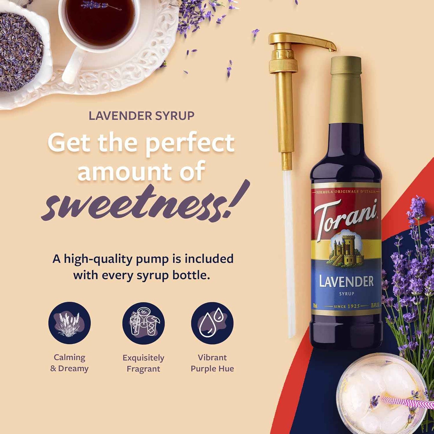 Torani Coffee Syrup, Lavender Flavored Syrup for Drinks, Pump Included, 25.4 Fl Oz
