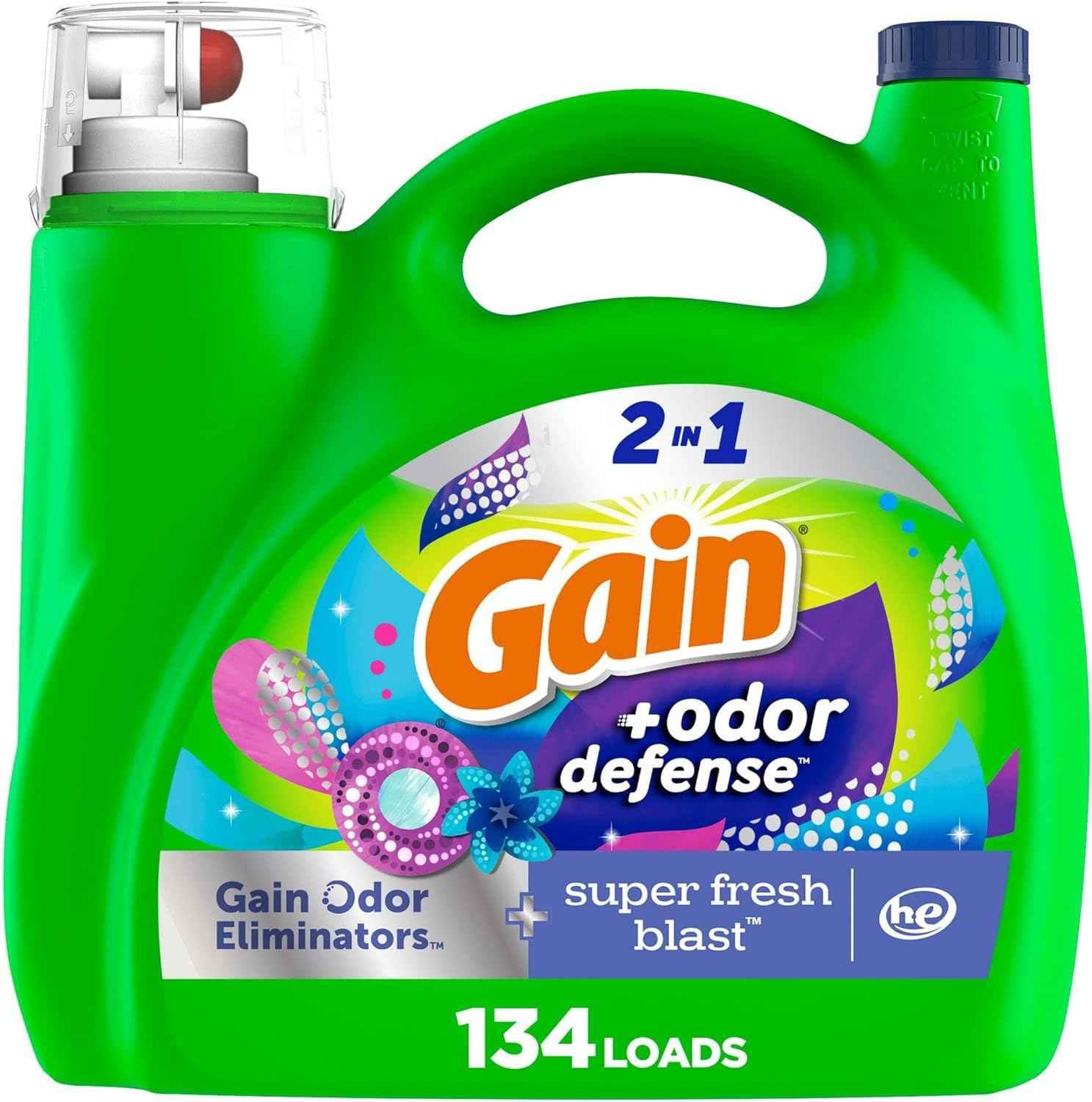 Gain Odor Defense Liquid Laundry Detergent, Super Fresh Blast Scent, 2 in 1, Laundry Detergent Liquid Soap, HE compatible