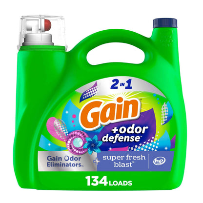 Gain Odor Defense Liquid Laundry Detergent, Super Fresh Blast Scent, 2 in 1, Laundry Detergent Liquid Soap, HE compatible