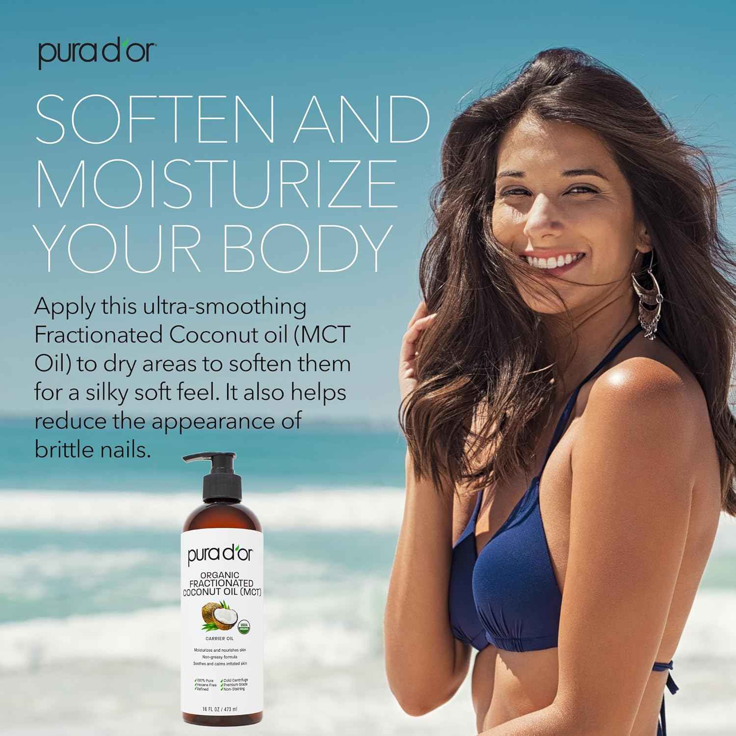 PURA D'OR ORGANIC Fractionated Oil – USDA Certified – MCT Oil – Therapeutic, Hydrating, Lightweight Moisturizer – Hexane Free Carrier Oil For Essential Oils & Massage – Face, Hair & Body