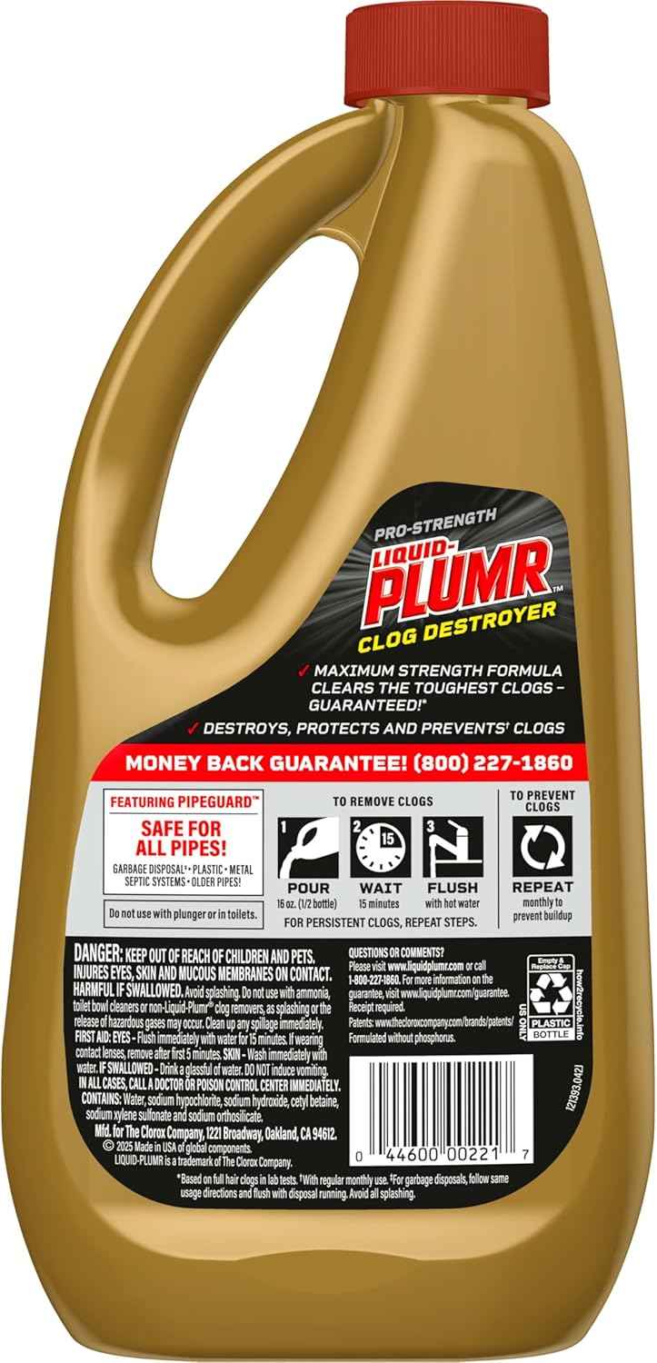 Clorox Liquid-Plumr Pro-Strength Clog Destroyer, Liquid Drain Cleaner, 32 Fluid Ounces