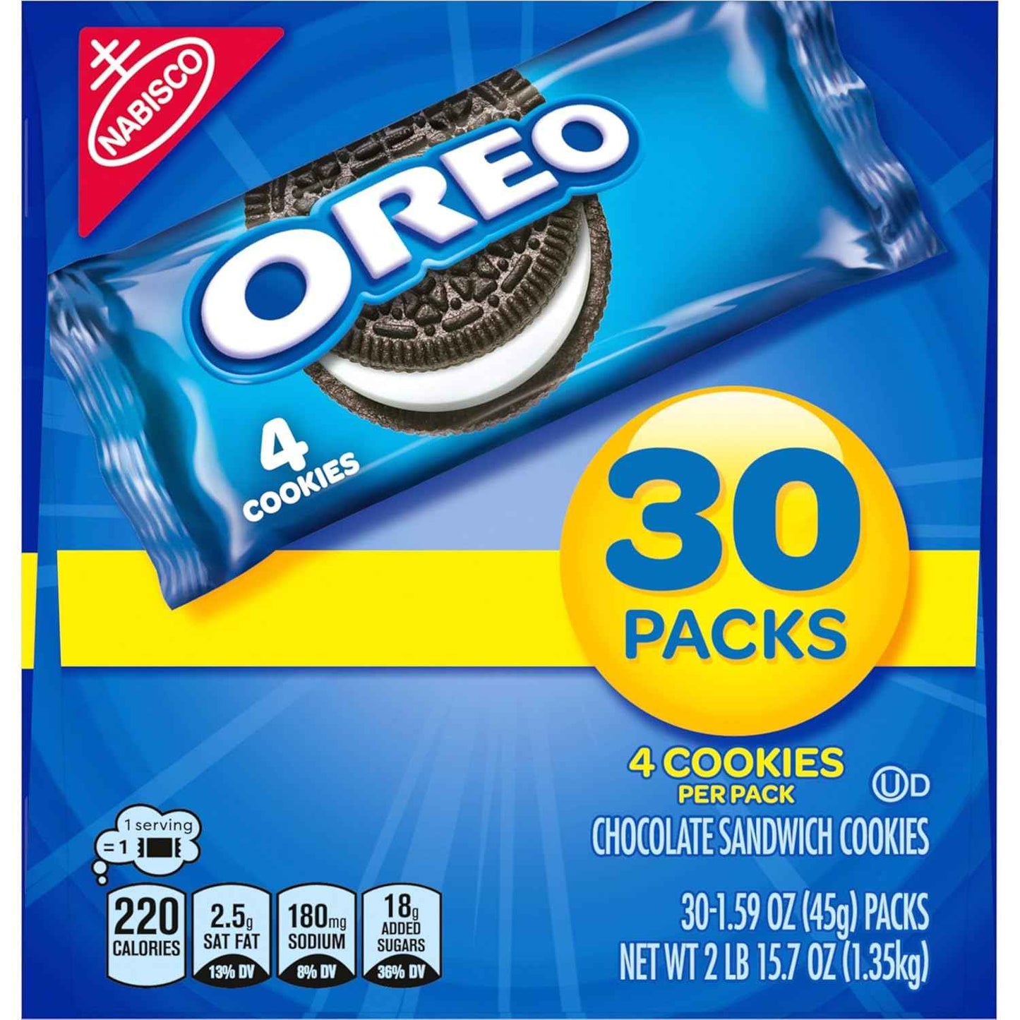 OREO Chocolate Sandwich Cookies, 30 Snack Packs (4 Cookies Per Pack)