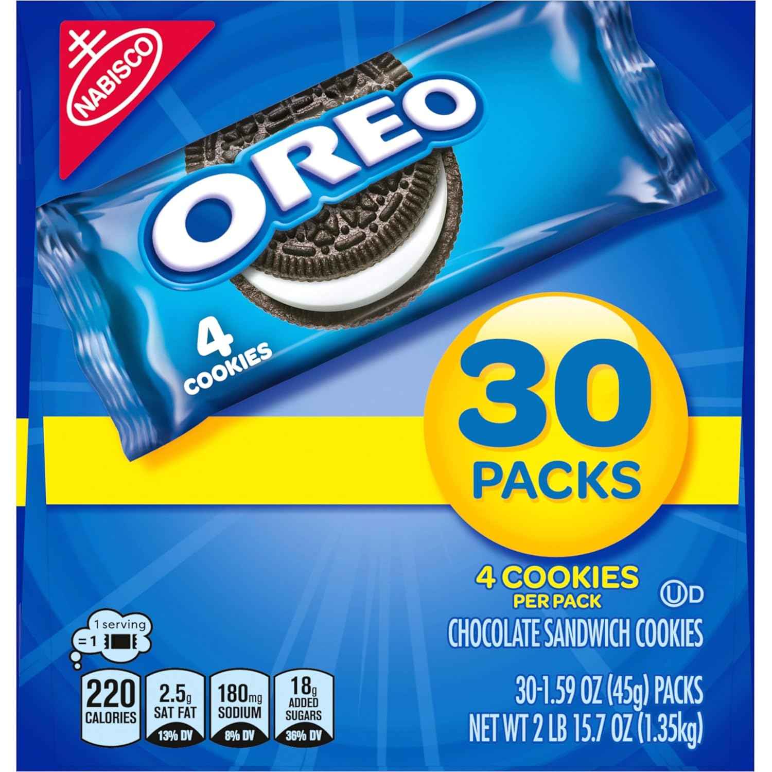 OREO Chocolate Sandwich Cookies, 30 Snack Packs (4 Cookies Per Pack)