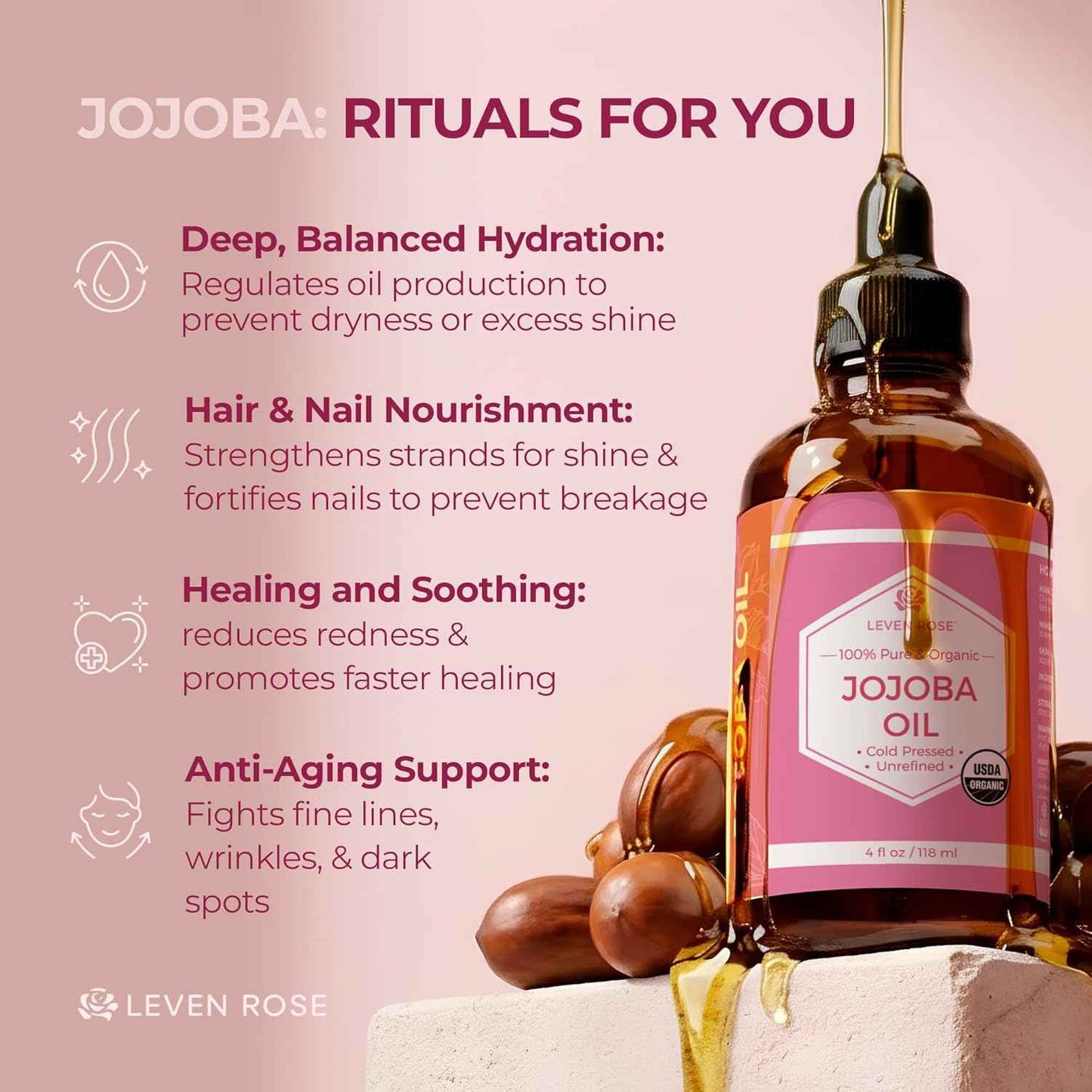 Leven Rose Jojoba Oil Organic, Pure Cold Pressed Carrier Oil, Natural Unrefined Moisturizer for Skin Hair and Nails
