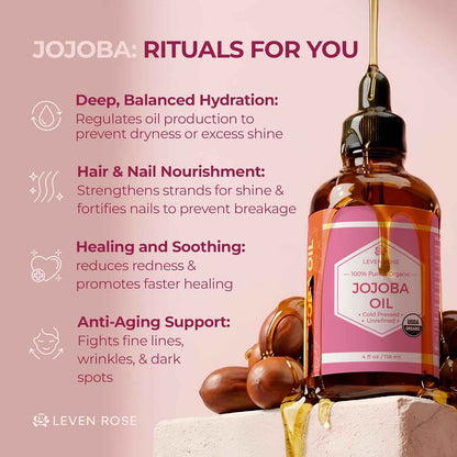 Leven Rose Jojoba Oil Organic, Pure Cold Pressed Carrier Oil, Natural Unrefined Moisturizer for Skin Hair and Nails