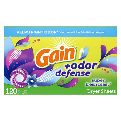Gain Dryer Sheets Plus Odor Defense, Super Fresh Blast Scent, Helps fight static and odor, laundry sheets