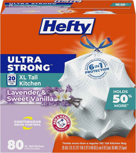Hefty Ultra Strong 20 Gallon Trash Bags, XL Tall Kitchen Trash Bags 20 Gallon Size, Drawstring Closure, Continuous Odor Control, White