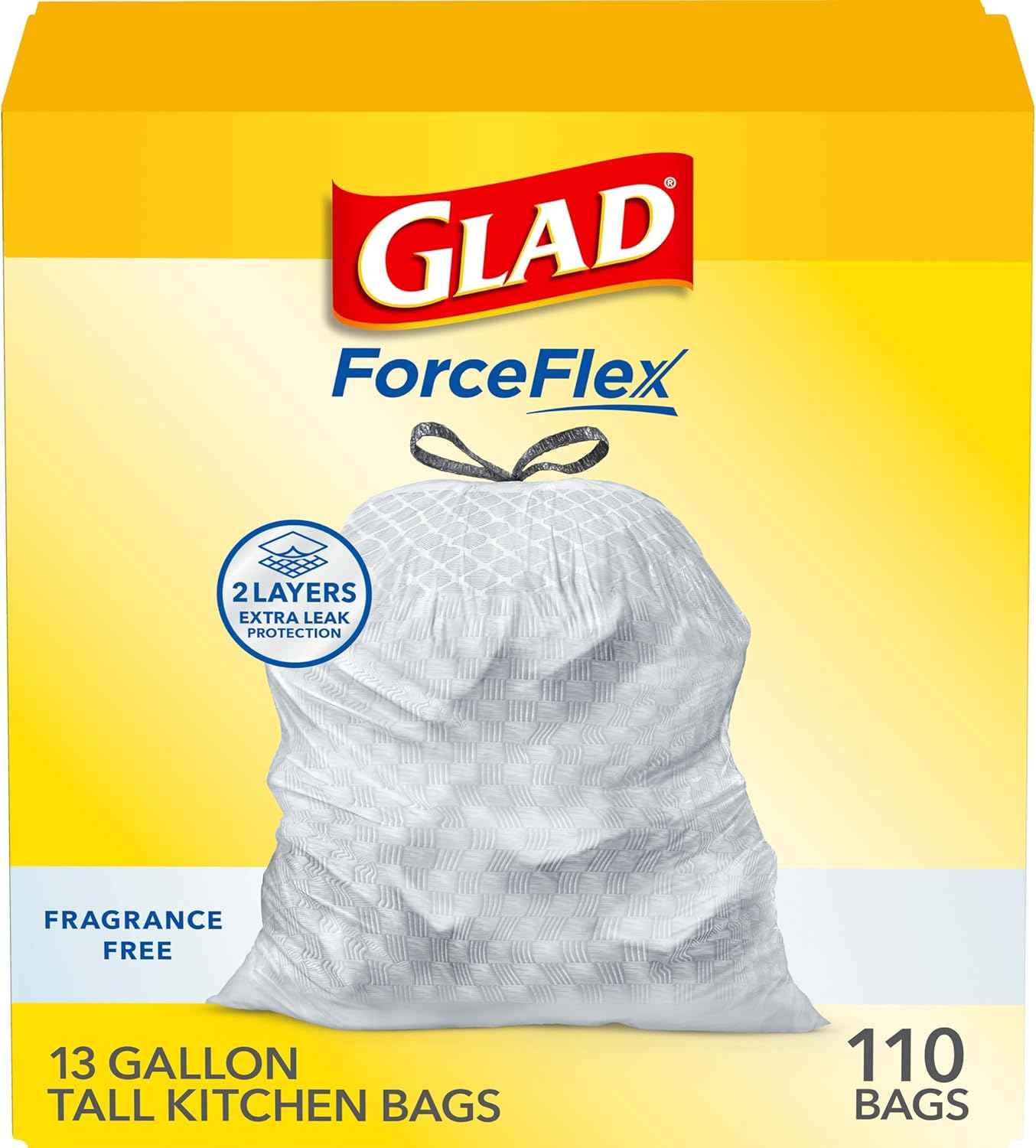 Glad ForceFlex Tall Kitchen Drawstring Trash Bags, 13 Gal, Fragrance Free