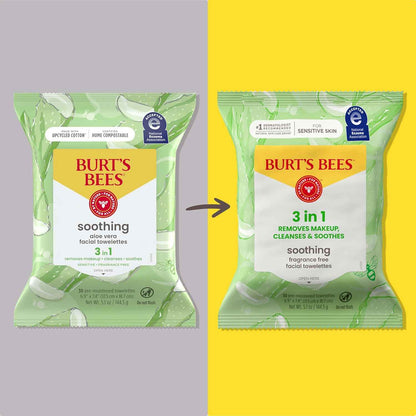 Burt’s Bees Soothing, Fragrance Free Facial Towelettes for Sensitive Skin, Aloe Vera, 100% Plant Based Cloths; 99% Natural Origin; Removes Makeup, Dirt and Oil; No Rinsing
