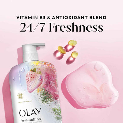 Olay Body Wash for Women, Fresh Radiance, 24/7 Skin-Loving Freshness, Visibly Radiant, Plant Based Cleansers, Vitamin B3 & Antioxidant Blend, For All Skin Types