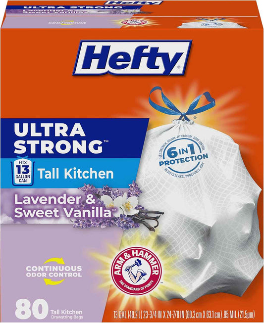 Hefty Ultra Strong 13 Gallon Trash Bags, Tall Kitchen Trash Bags 13 Gallon Size, Drawstring Closure, Continuous Odor Control, White, Lavender and Sweet Vanilla Scent